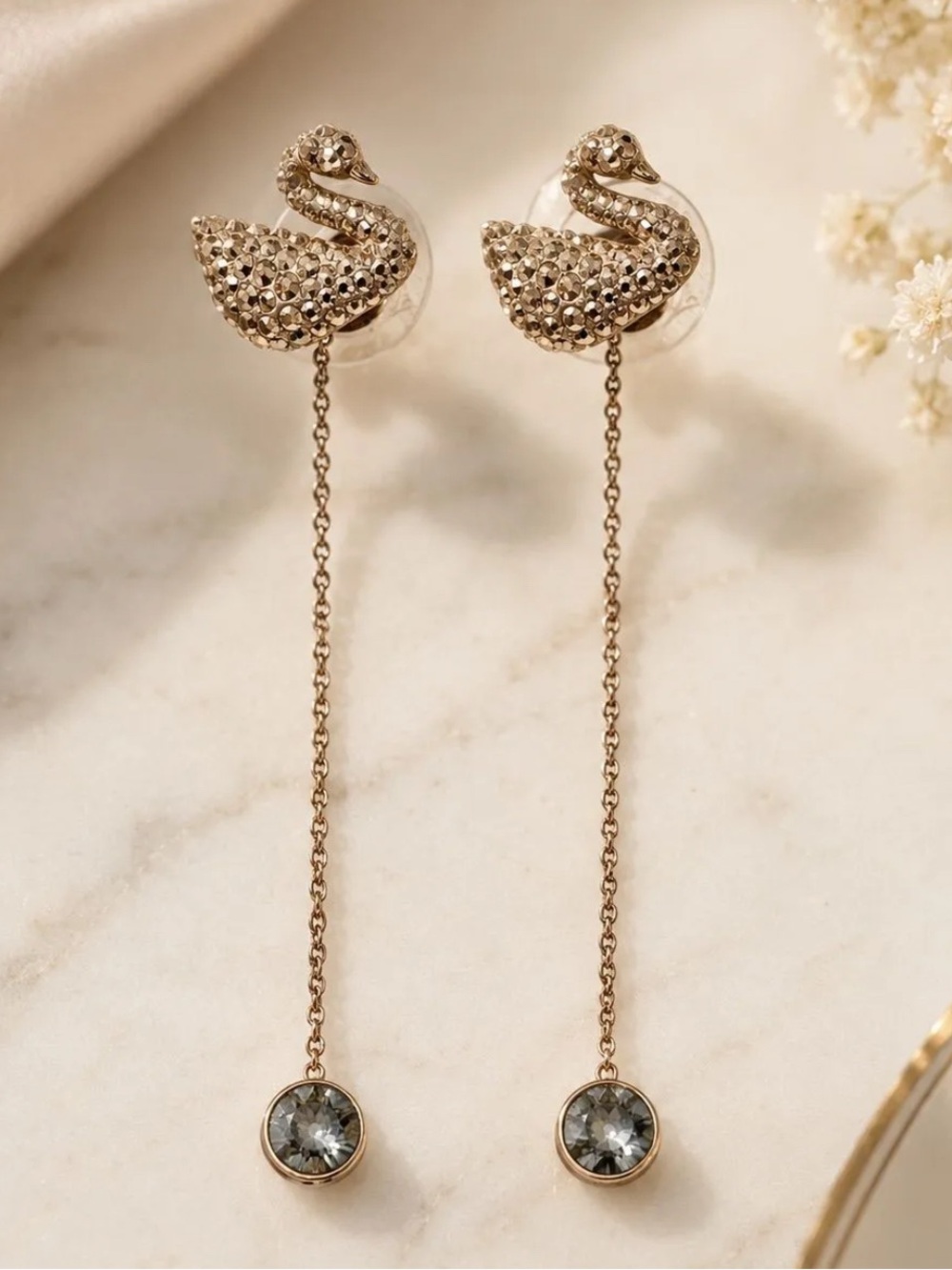 Swarovski Swan Rose Gold Tone Crystal Long Chain Drop Dangle Earrings